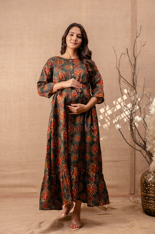 Women Green Printed Flared Maternity Dress | LASVINI - Redefining Indian Fashion with Elegance
