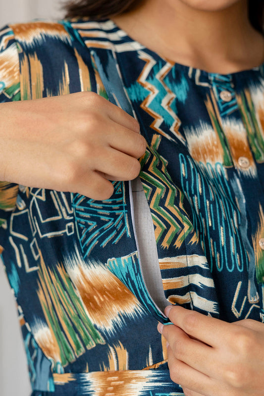 Women Multi Printed Flared Maternity Dress | LASVINI - Redefining Indian Fashion with Elegance