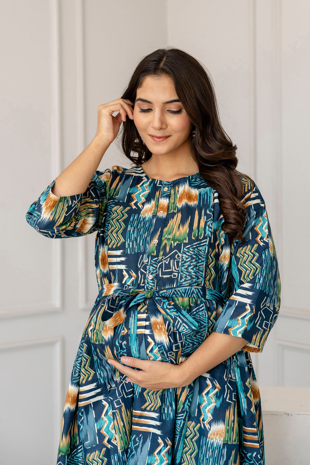 Women Multi Printed Flared Maternity Dress | LASVINI - Redefining Indian Fashion with Elegance