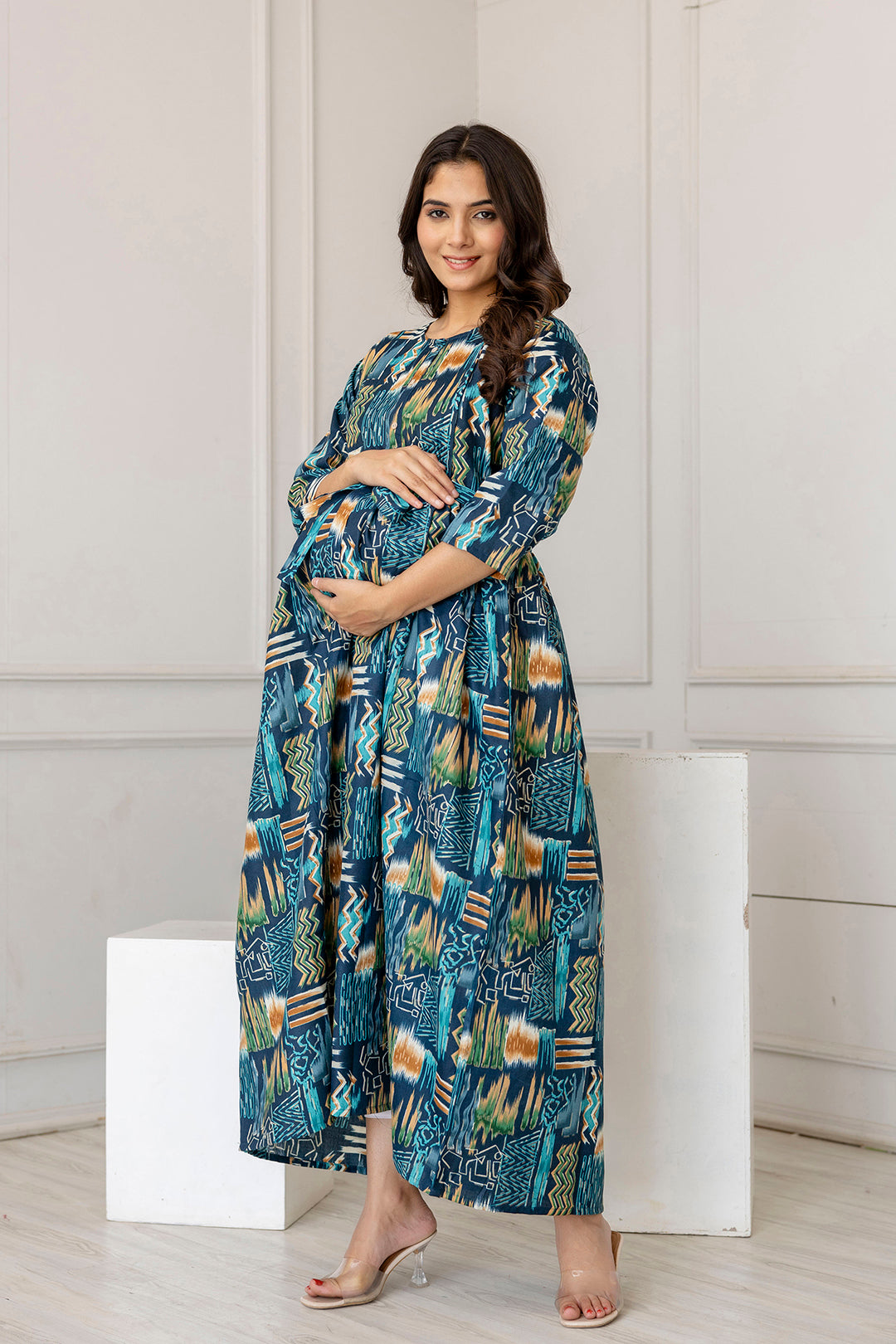 Women Multi Printed Flared Maternity Dress | LASVINI - Redefining Indian Fashion with Elegance
