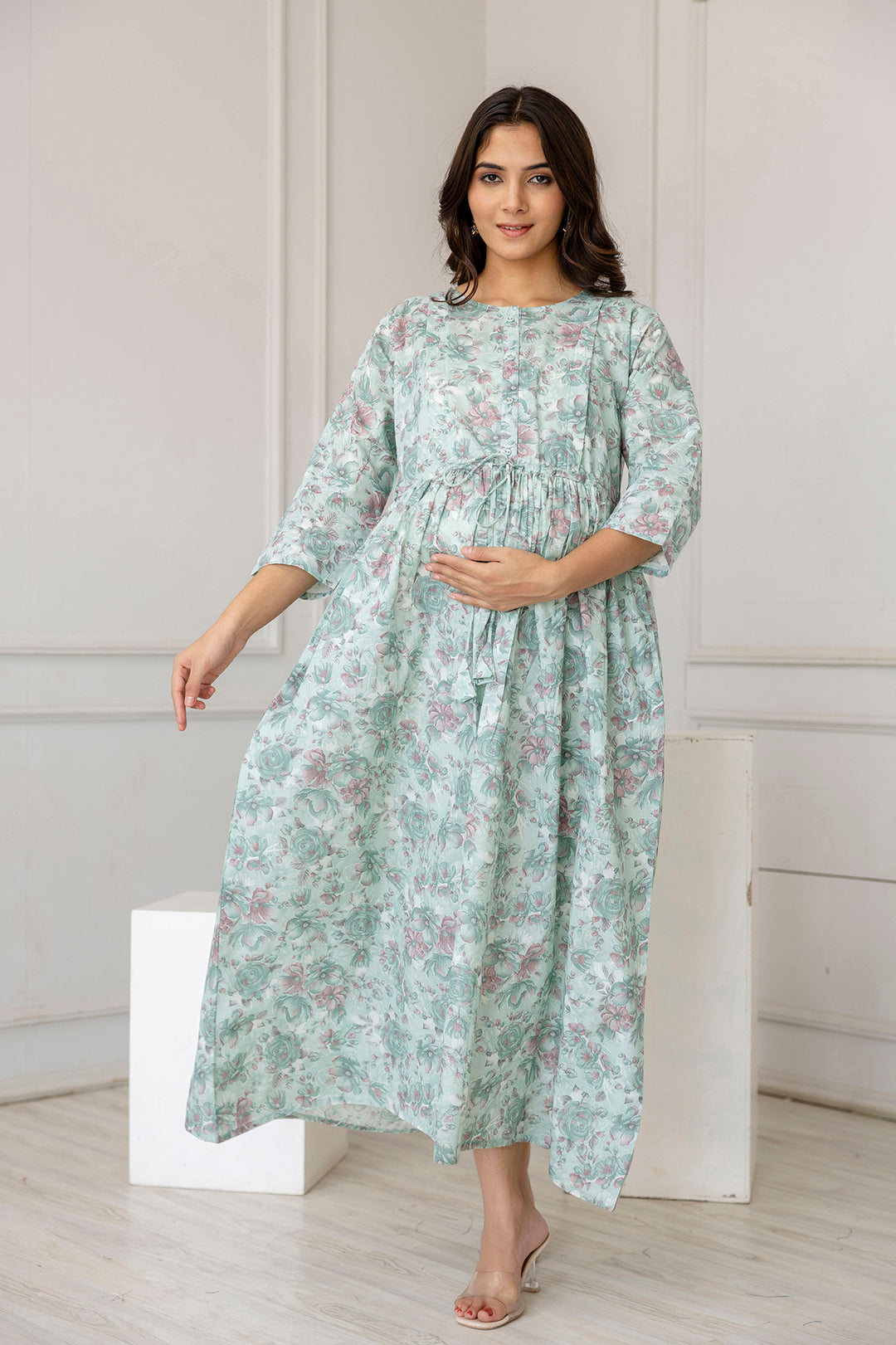 Women Green Printed Flared Maternity Dress | LASVINI - Redefining Indian Fashion with Elegance