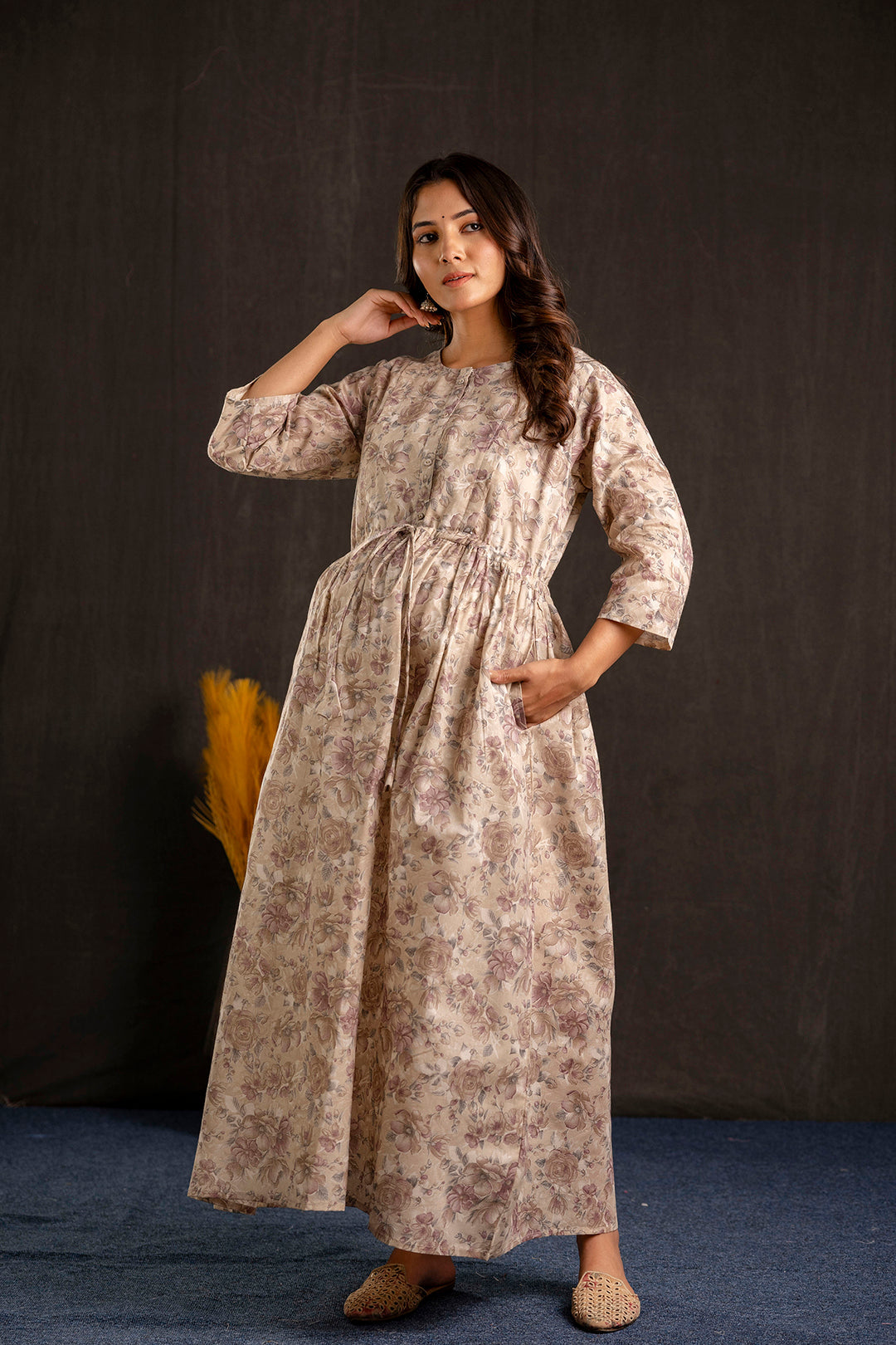 Women Beige Printed Flared Maternity Dress | LASVINI - Redefining Indian Fashion with Elegance