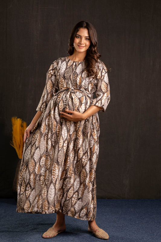 Women Grey Printed Flared Maternity Dress | LASVINI - Redefining Indian Fashion with Elegance