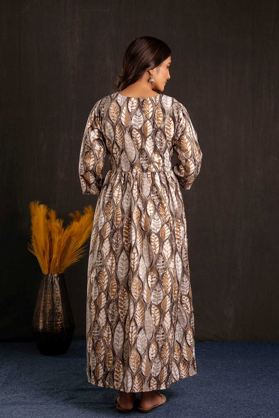 Women Grey Printed Flared Maternity Dress | LASVINI - Redefining Indian Fashion with Elegance