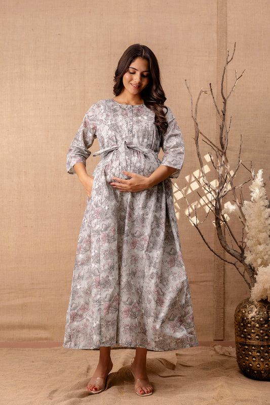 Women Grey Printed Flared Maternity Dress | LASVINI - Redefining Indian Fashion with Elegance