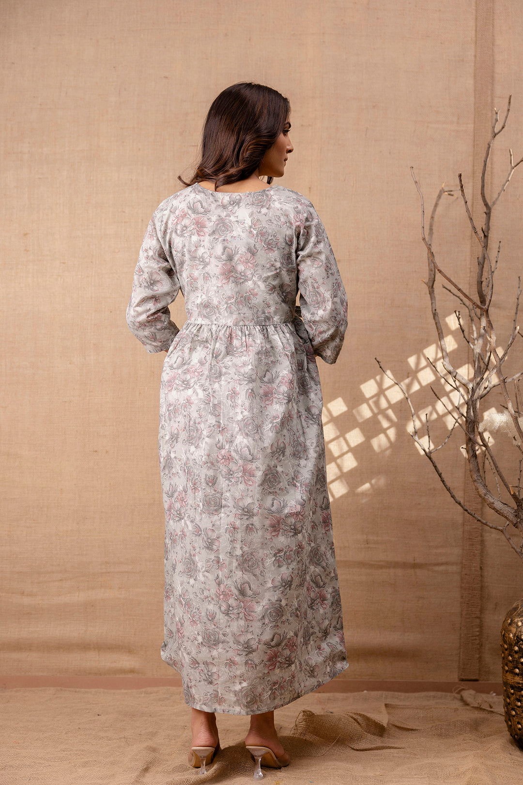 Women Grey Printed Flared Maternity Dress | LASVINI - Redefining Indian Fashion with Elegance