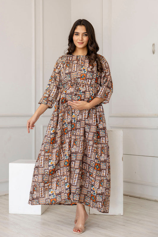 Women Multi Printed Flared Maternity Dress | LASVINI - Redefining Indian Fashion with Elegance