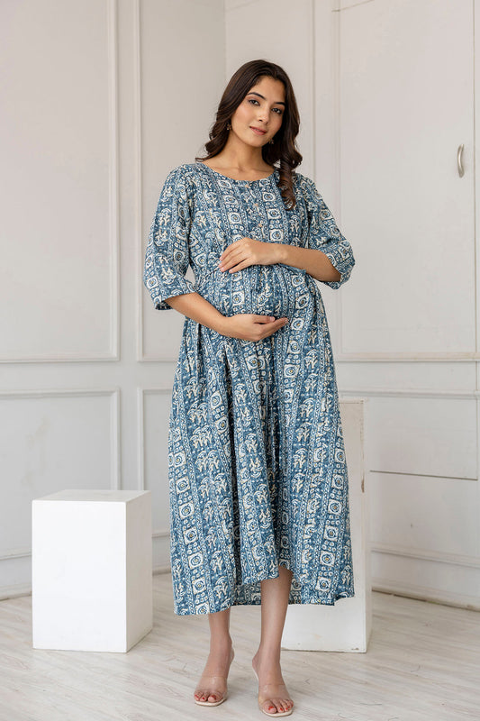 Women Teal Blue Printed Flared Maternity Dress | LASVINI - Redefining Indian Fashion with Elegance