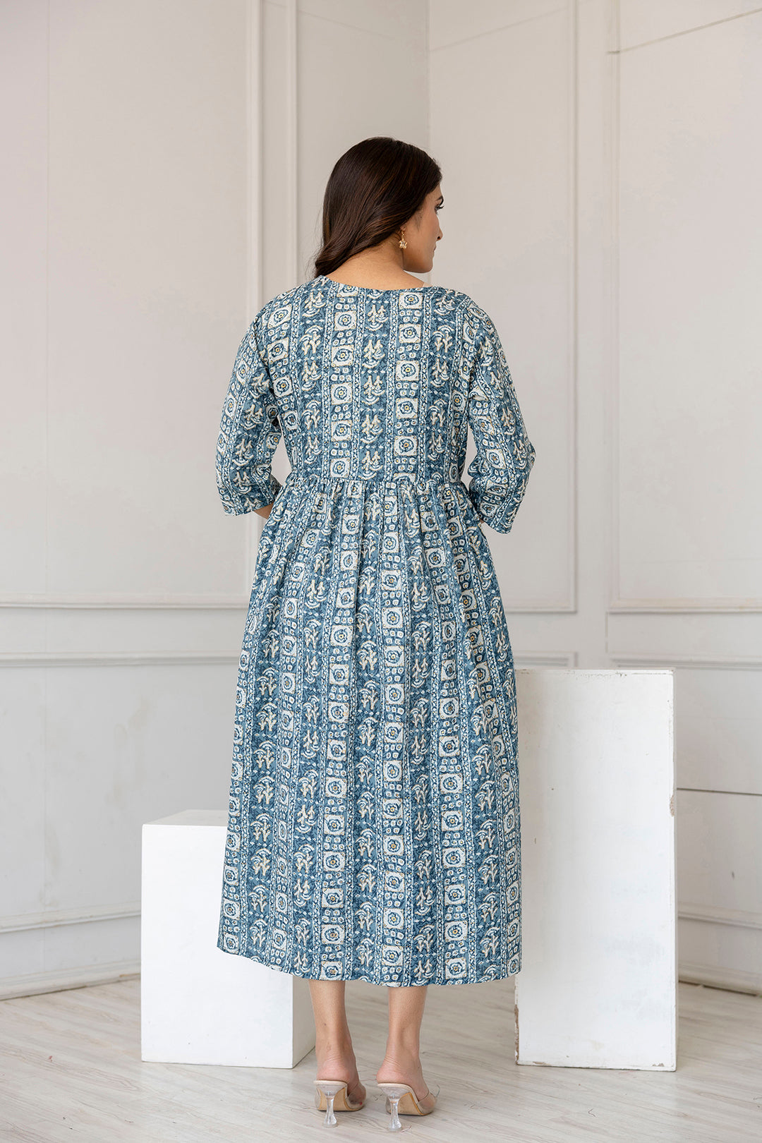 Women Teal Blue Printed Flared Maternity Dress | LASVINI - Redefining Indian Fashion with Elegance