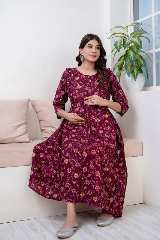 Fab Burgundy Printed Maternity Dress For Women | LASVINI - Redefining Indian Fashion with Elegance