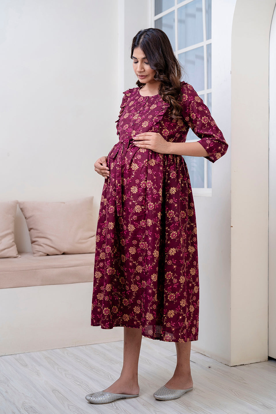 Fab Burgundy Printed Maternity Dress For Women | LASVINI - Redefining Indian Fashion with Elegance