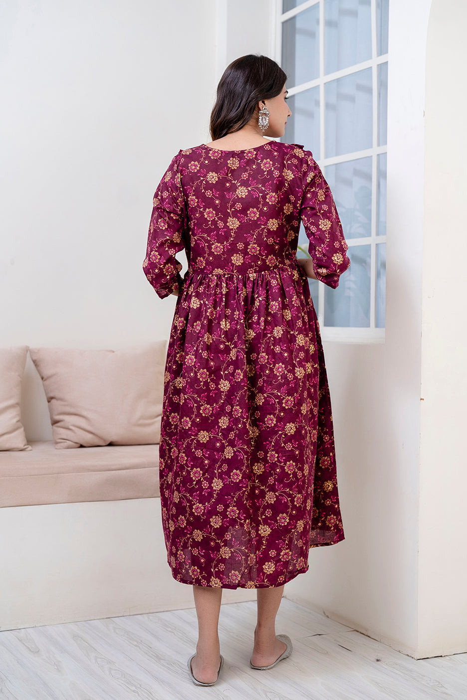 Fab Burgundy Printed Maternity Dress For Women | LASVINI - Redefining Indian Fashion with Elegance