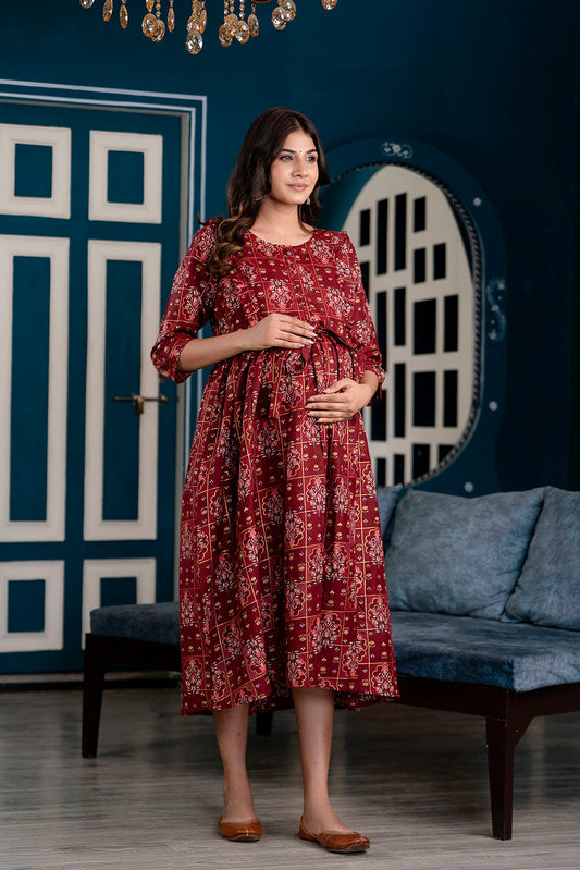 Fab Maroon Printed Maternity Dress For Women | LASVINI - Redefining Indian Fashion with Elegance
