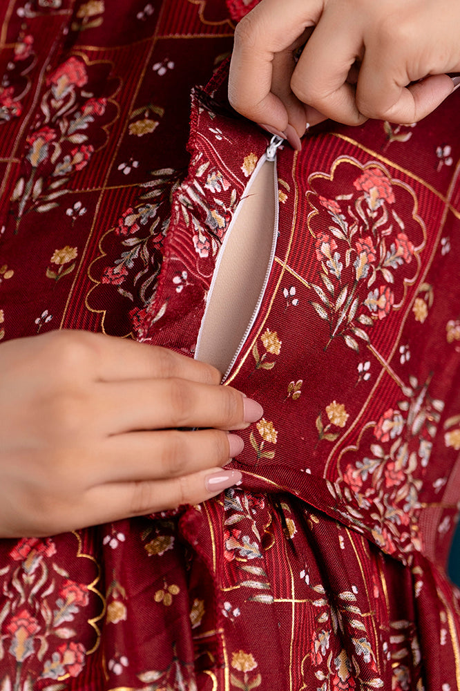 Fab Maroon Printed Maternity Dress For Women | LASVINI - Redefining Indian Fashion with Elegance