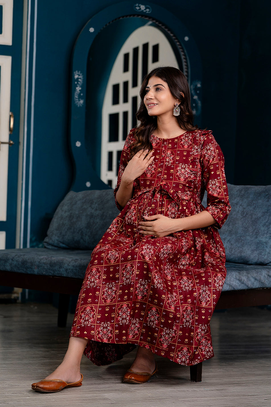Fab Maroon Printed Maternity Dress For Women | LASVINI - Redefining Indian Fashion with Elegance