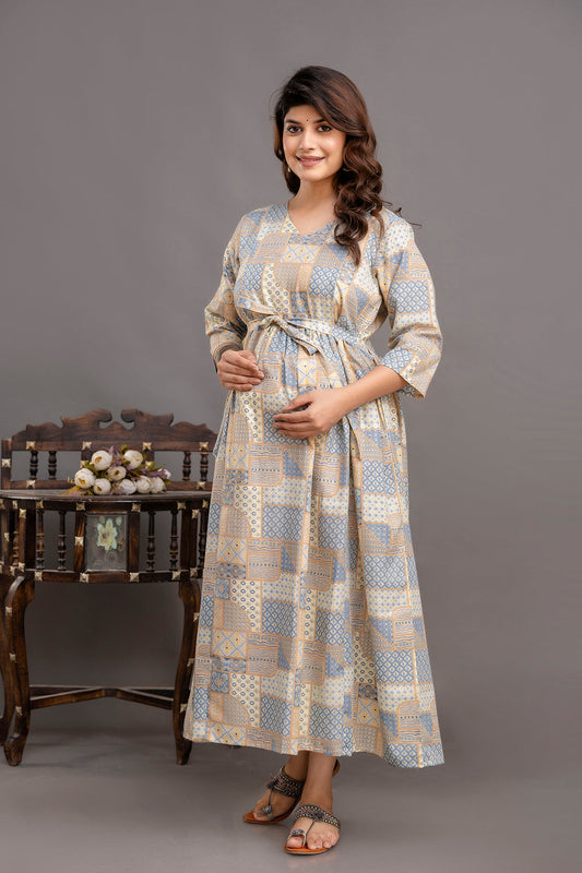 Fab Blue Printed Maternity Dress For Women | LASVINI - Redefining Indian Fashion with Elegance