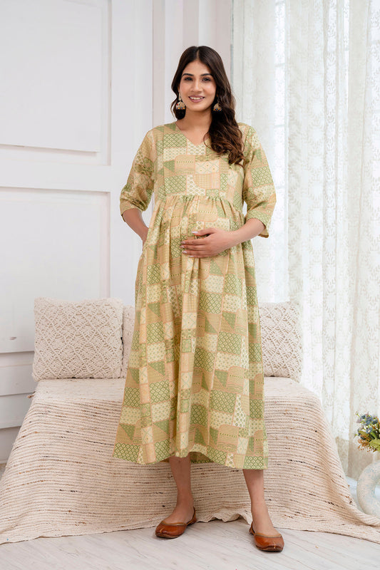 Fab Green Printed Maternity Dress For Women | LASVINI - Redefining Indian Fashion with Elegance