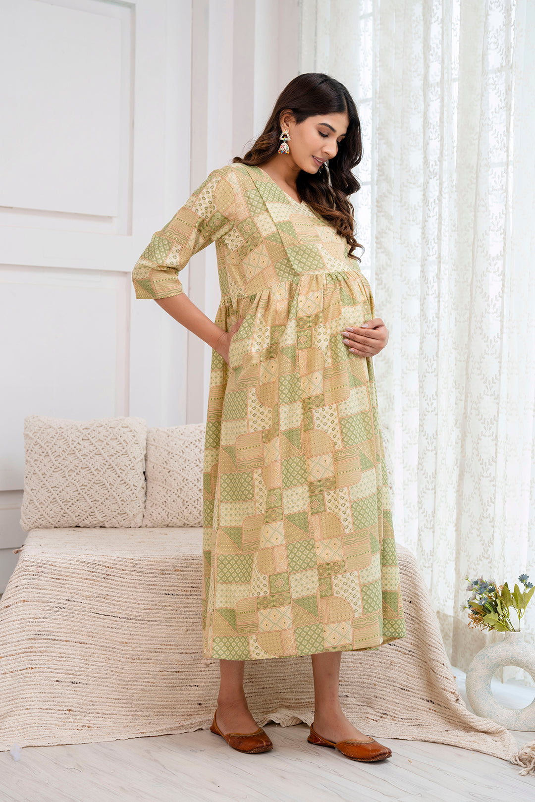 Fab Green Printed Maternity Dress For Women | LASVINI - Redefining Indian Fashion with Elegance