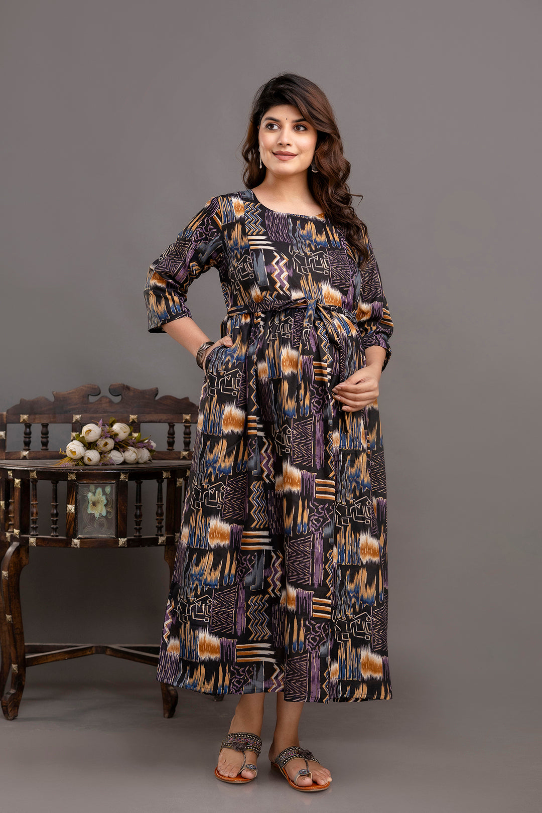 Fab Black Printed Maternity Dress For Women | LASVINI - Redefining Indian Fashion with Elegance