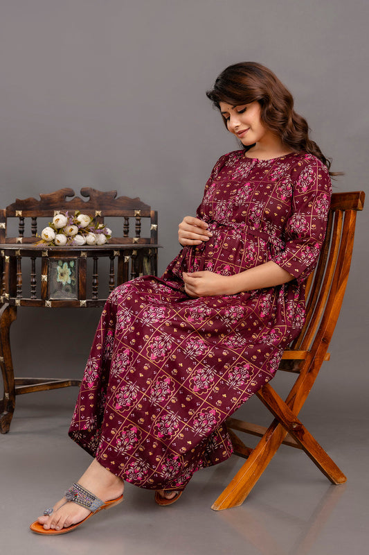 Fab Burgundy Printed Maternity Dress For Women | LASVINI - Redefining Indian Fashion with Elegance