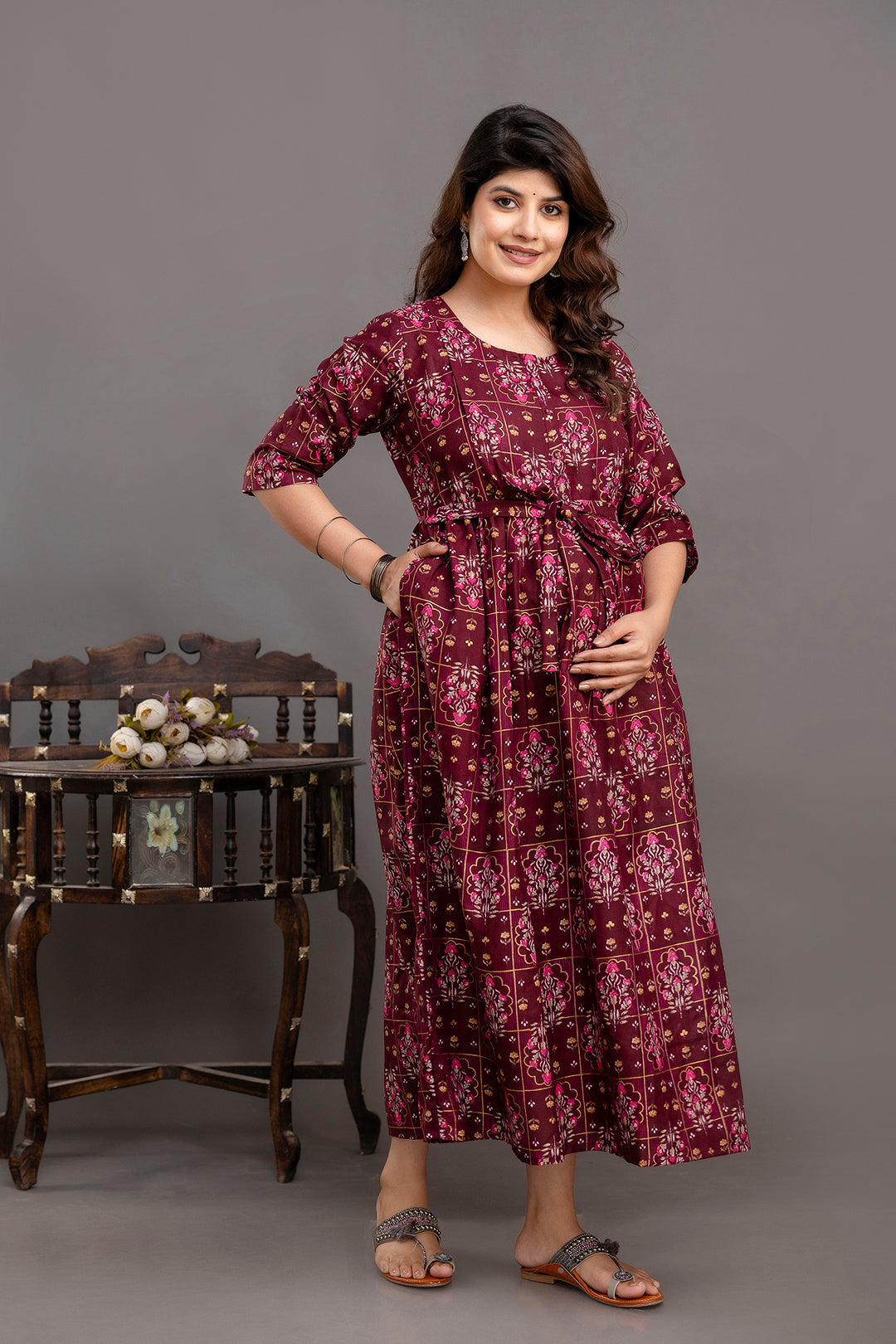 Fab Burgundy Printed Maternity Dress For Women | LASVINI - Redefining Indian Fashion with Elegance