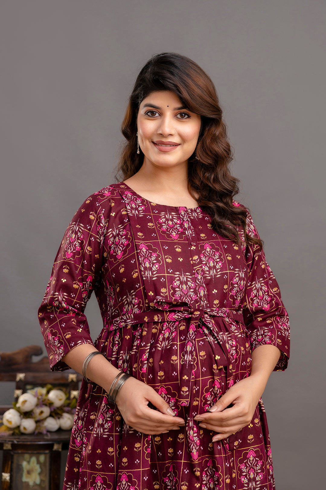 Fab Burgundy Printed Maternity Dress For Women | LASVINI - Redefining Indian Fashion with Elegance