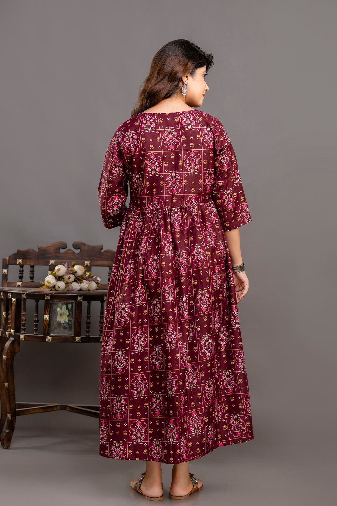 Fab Burgundy Printed Maternity Dress For Women | LASVINI - Redefining Indian Fashion with Elegance