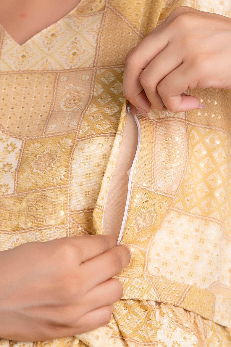 Fab Beige Printed Maternity Dress For Women | LASVINI - Redefining Indian Fashion with Elegance