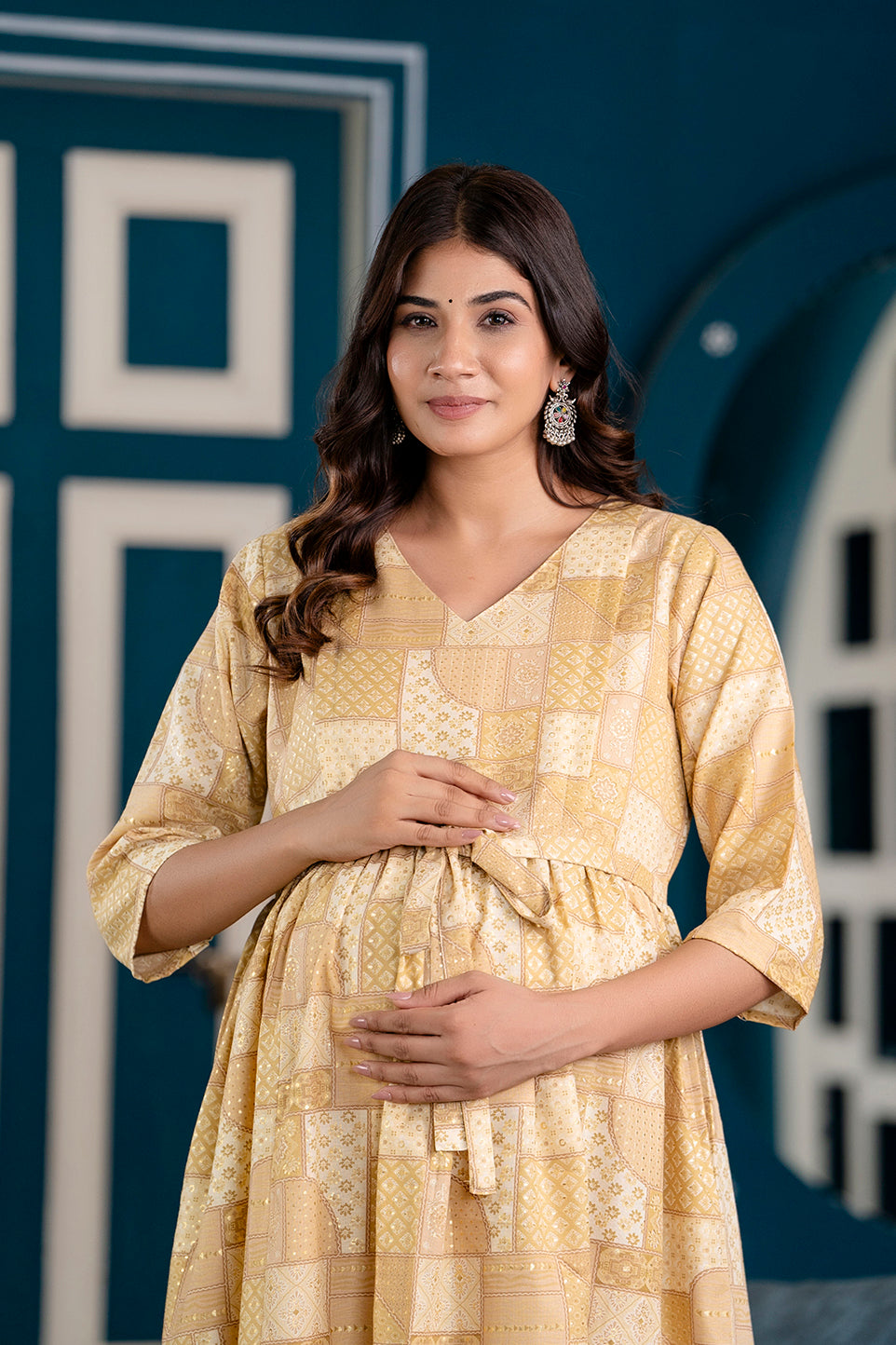 Fab Beige Printed Maternity Dress For Women | LASVINI - Redefining Indian Fashion with Elegance
