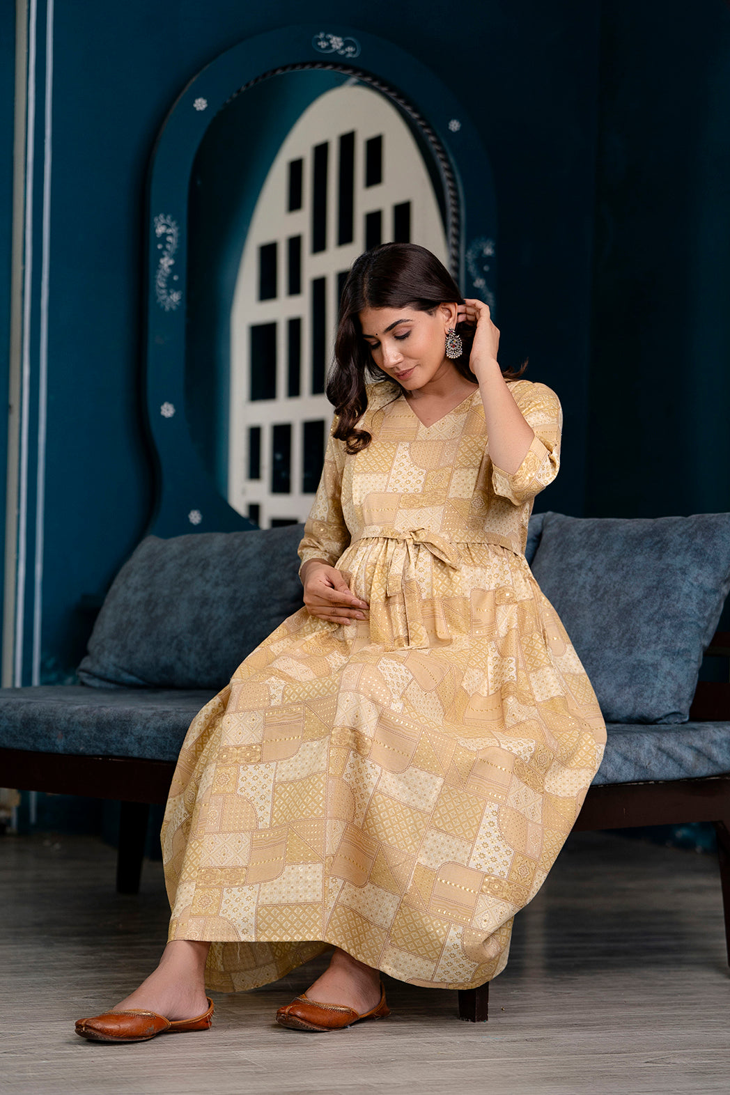 Fab Beige Printed Maternity Dress For Women | LASVINI - Redefining Indian Fashion with Elegance