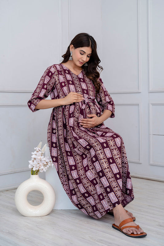Fab Burgundy Printed Maternity Dress For Women | LASVINI - Redefining Indian Fashion with Elegance