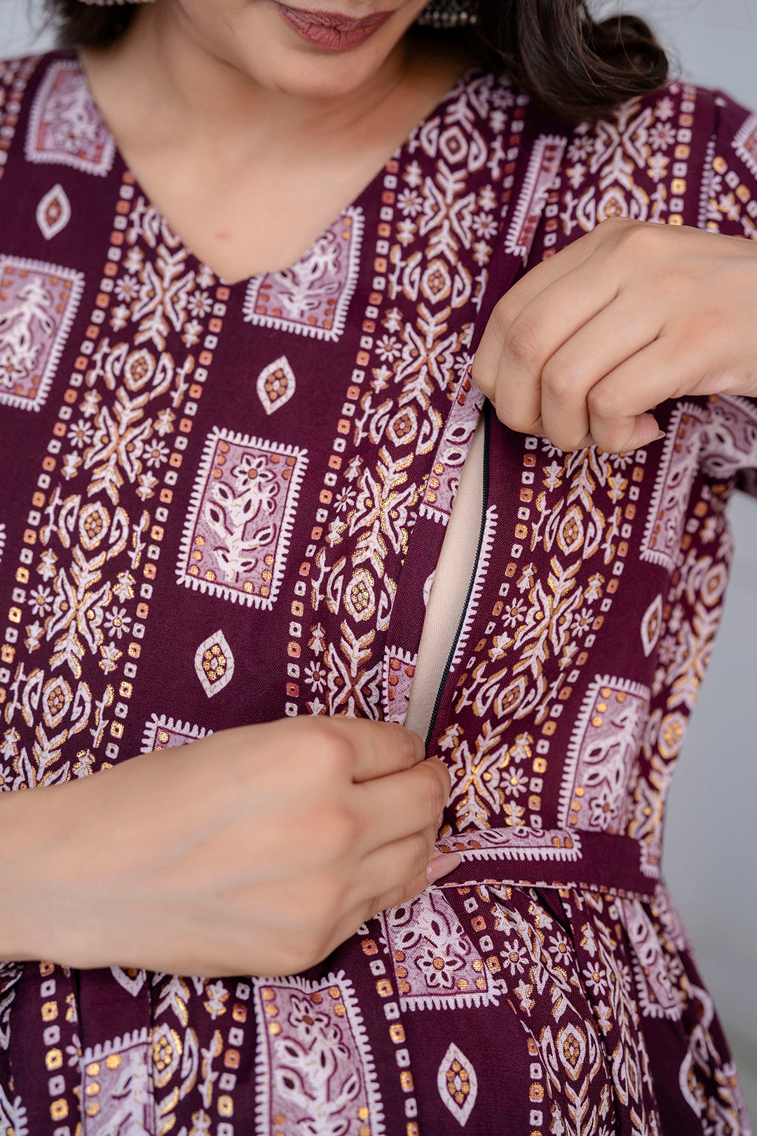 Fab Burgundy Printed Maternity Dress For Women | LASVINI - Redefining Indian Fashion with Elegance