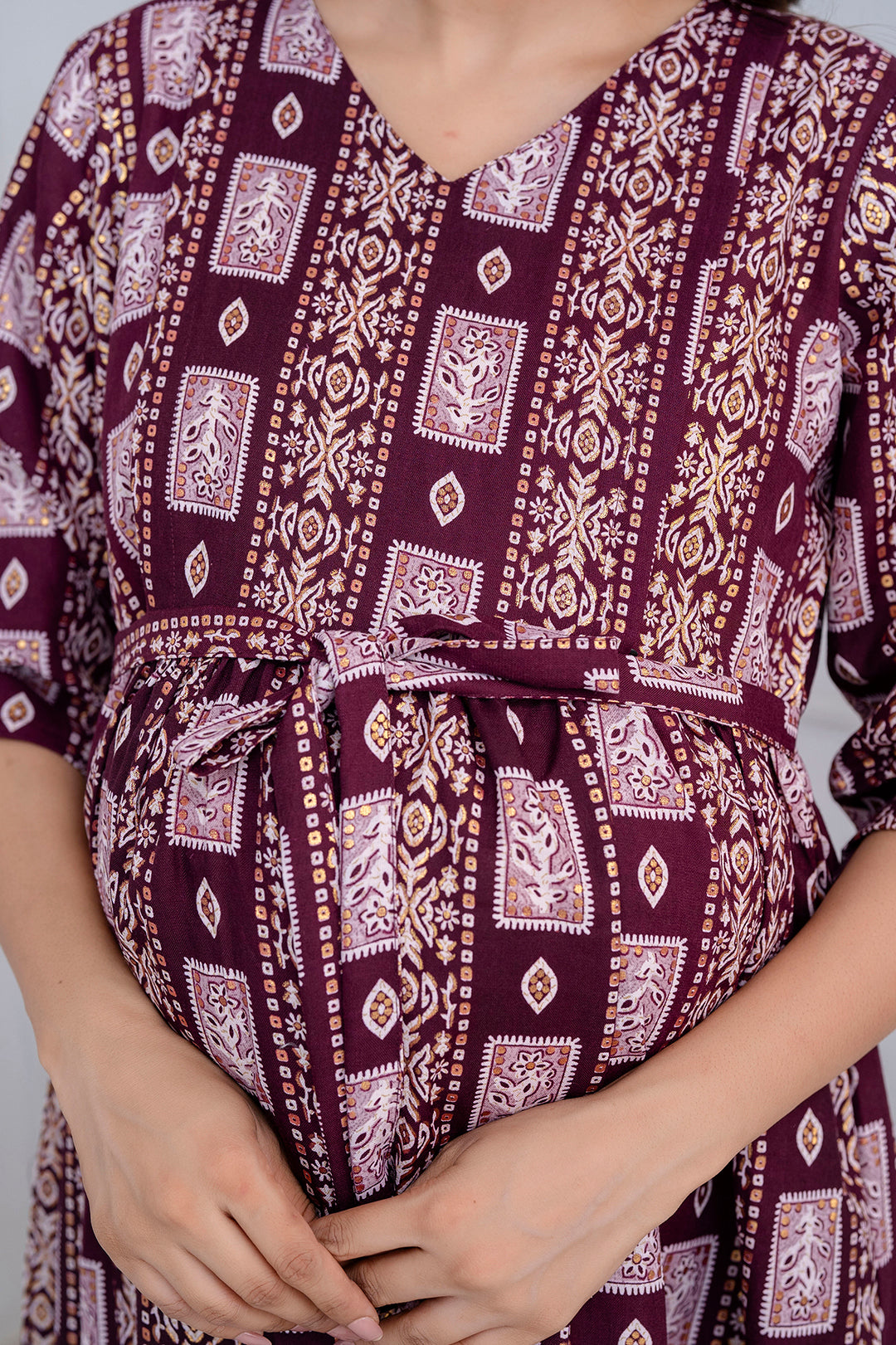 Fab Burgundy Printed Maternity Dress For Women | LASVINI - Redefining Indian Fashion with Elegance