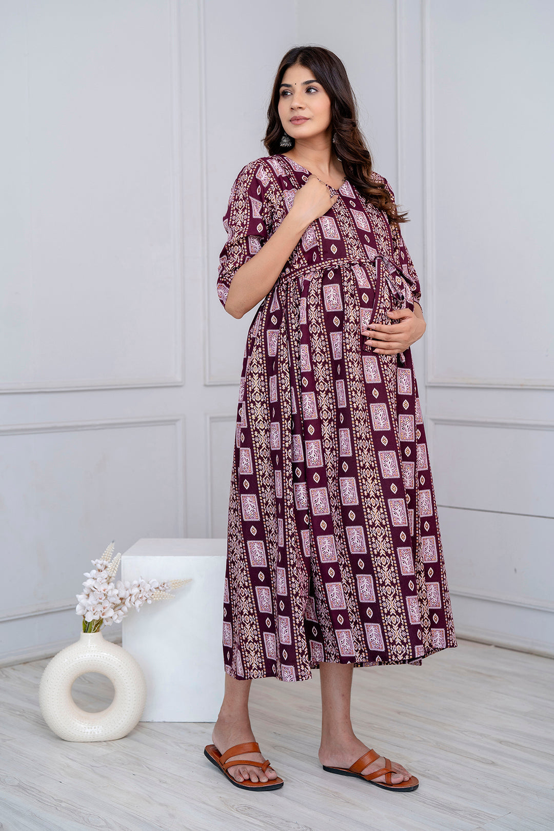 Fab Burgundy Printed Maternity Dress For Women | LASVINI - Redefining Indian Fashion with Elegance