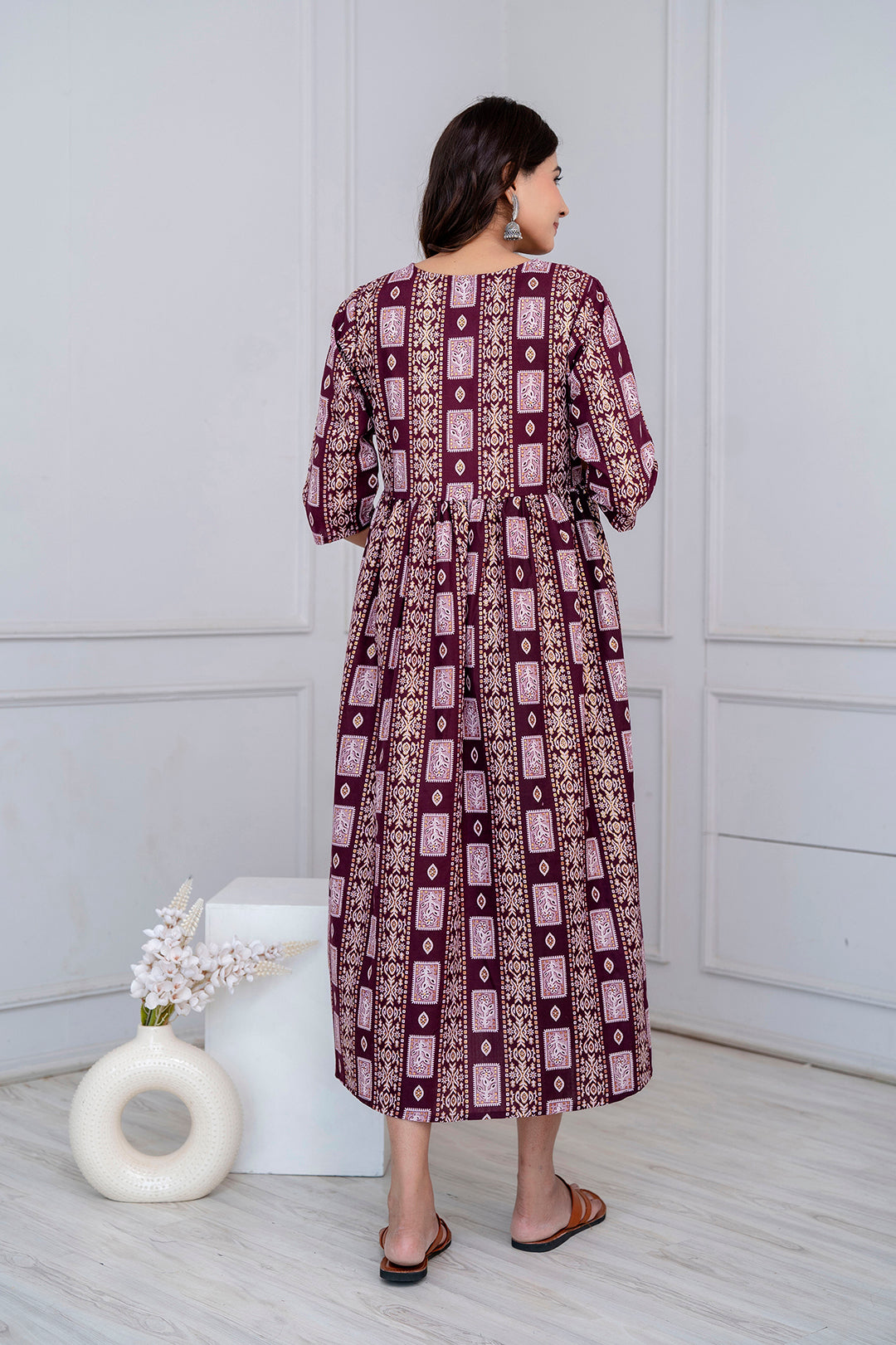 Fab Burgundy Printed Maternity Dress For Women | LASVINI - Redefining Indian Fashion with Elegance