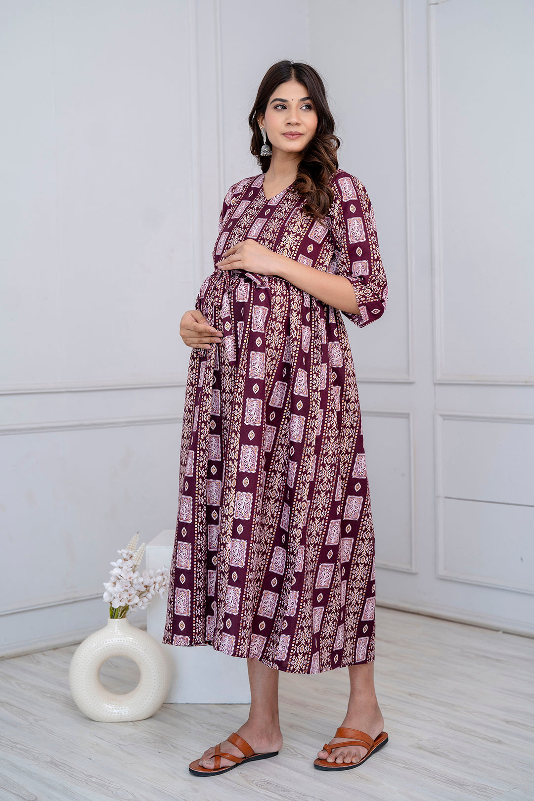 Fab Burgundy Printed Maternity Dress For Women | LASVINI - Redefining Indian Fashion with Elegance
