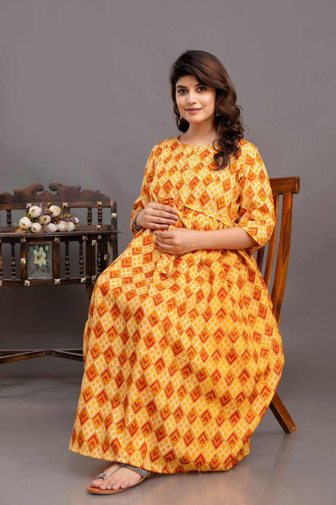 Fab Yellow Printed Maternity Dress For Women | LASVINI - Redefining Indian Fashion with Elegance