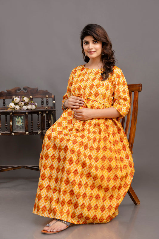 Fab Yellow Printed Maternity Dress For Women | LASVINI - Redefining Indian Fashion with Elegance