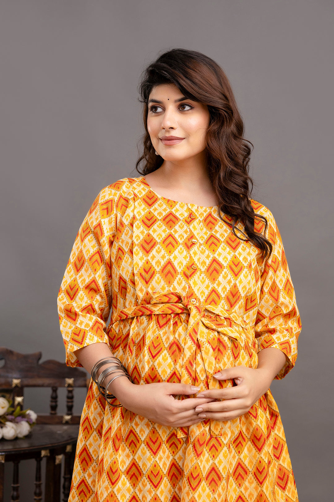 Fab Yellow Printed Maternity Dress For Women | LASVINI - Redefining Indian Fashion with Elegance