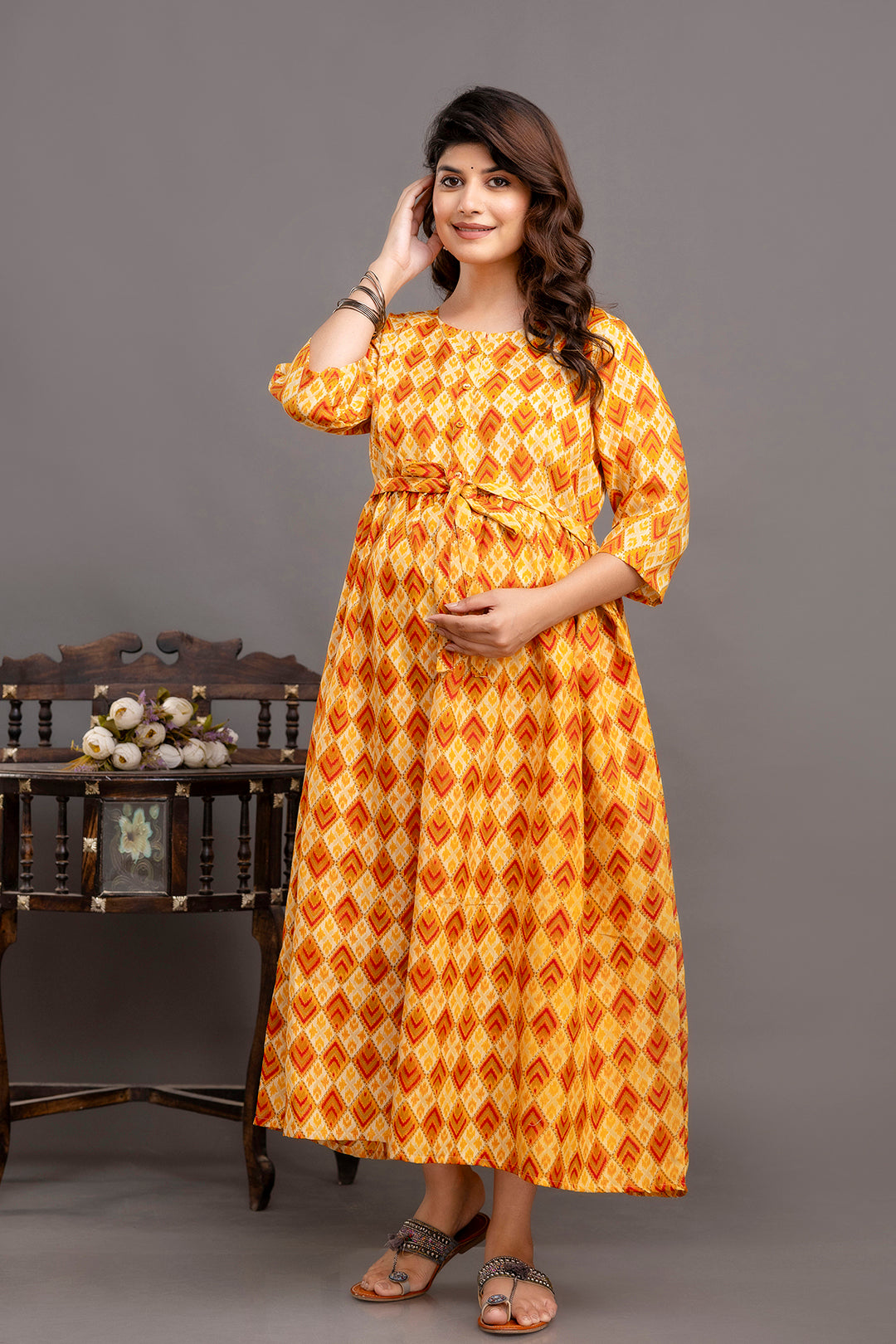 Fab Yellow Printed Maternity Dress For Women | LASVINI - Redefining Indian Fashion with Elegance