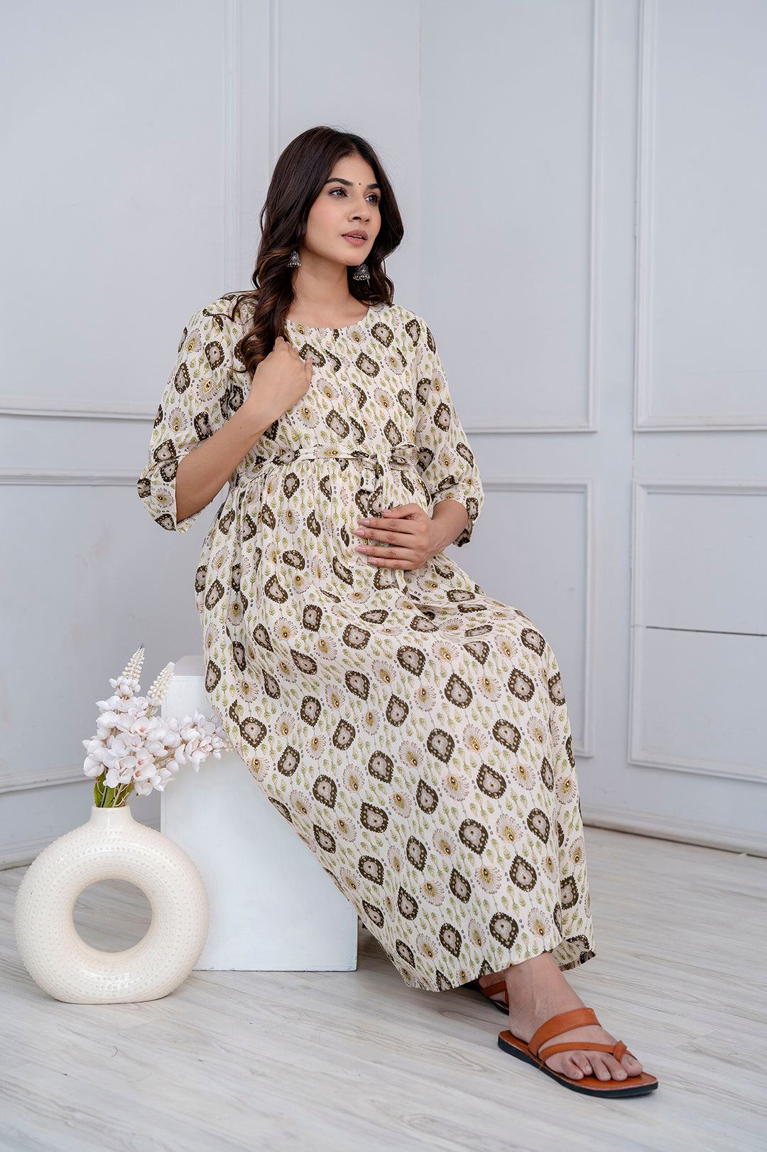 Fab Off White Printed Maternity Dress For Women | LASVINI - Redefining Indian Fashion with Elegance