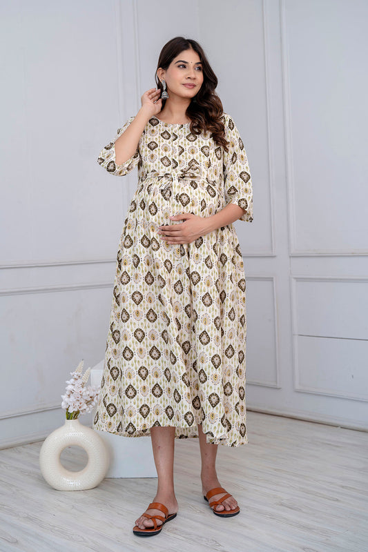 Fab Off White Printed Maternity Dress For Women | LASVINI - Redefining Indian Fashion with Elegance