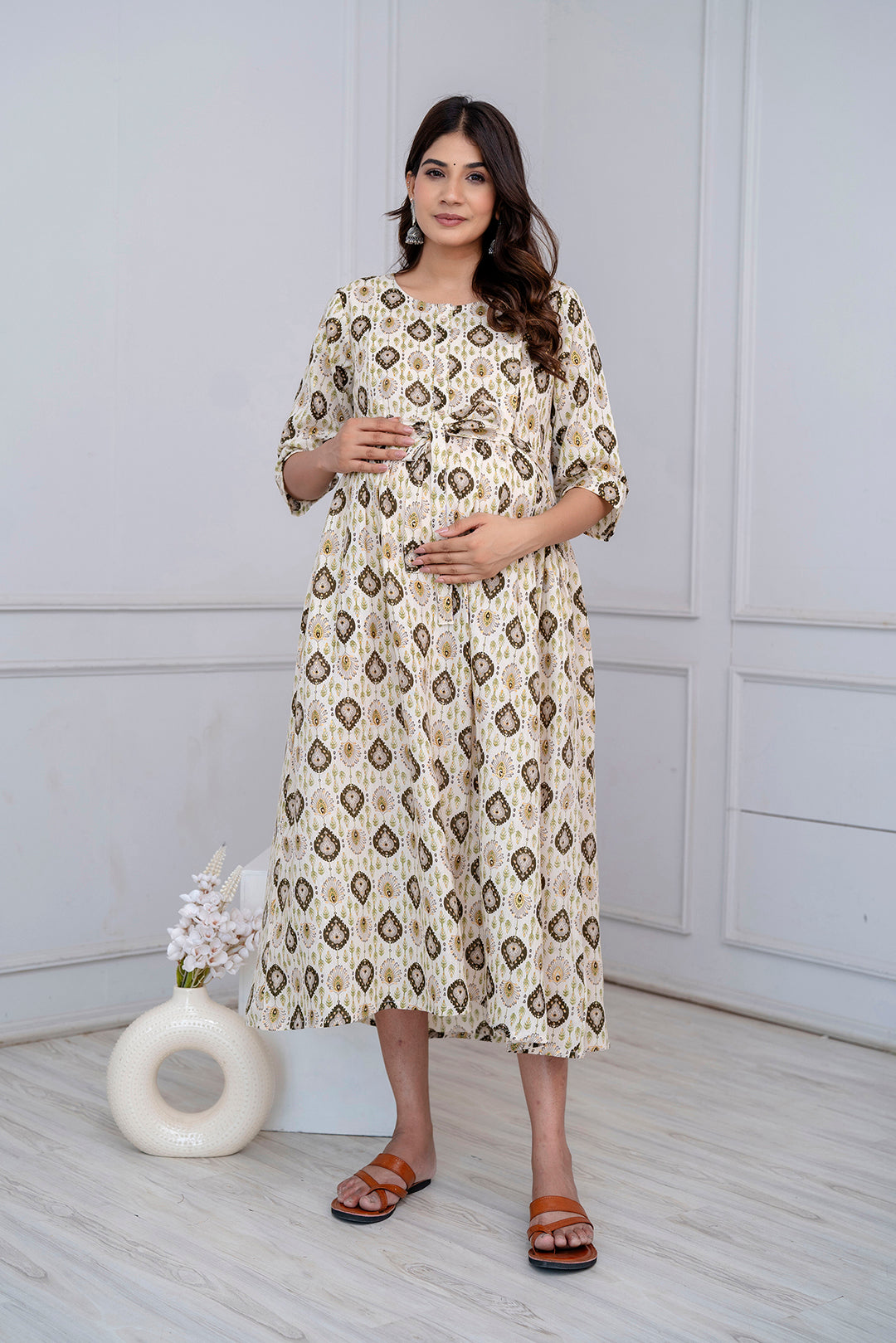 Fab Off White Printed Maternity Dress For Women | LASVINI - Redefining Indian Fashion with Elegance