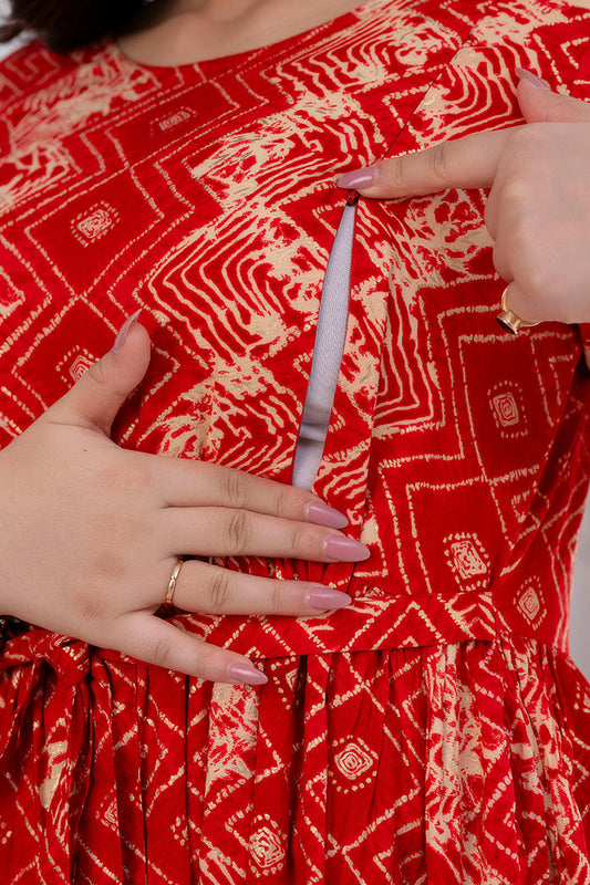 Red Printed Maternity Dress For Women | LASVINI - Redefining Indian Fashion with Elegance