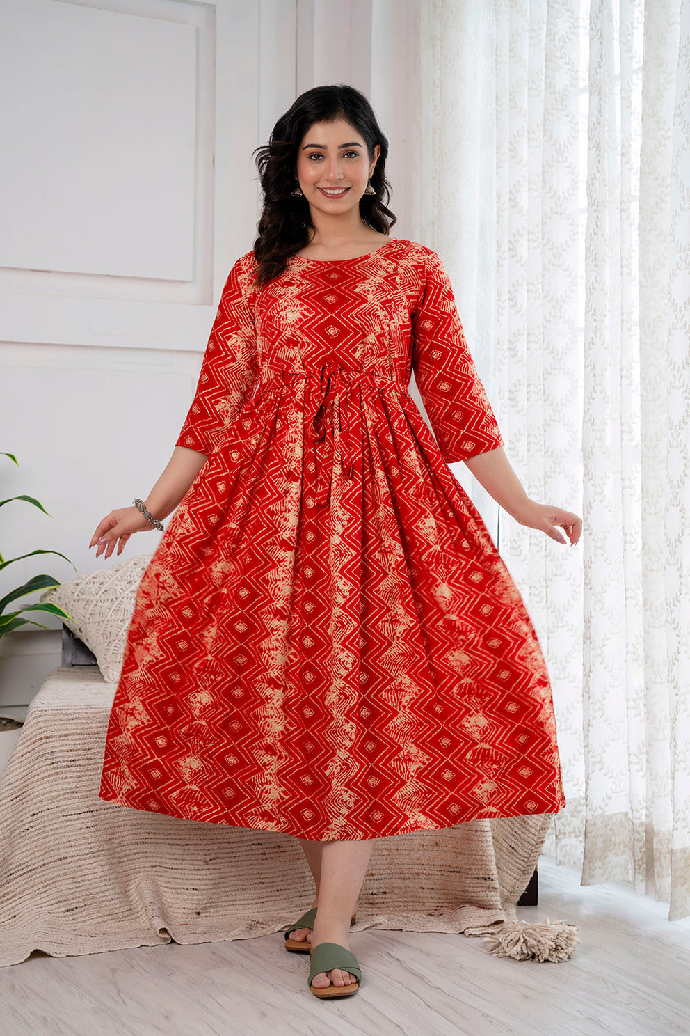 Red Printed Maternity Dress For Women | LASVINI - Redefining Indian Fashion with Elegance