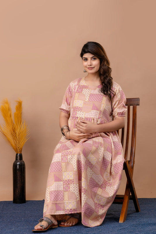 Fab Pink Printed Maternity Dress For Women | LASVINI - Redefining Indian Fashion with Elegance