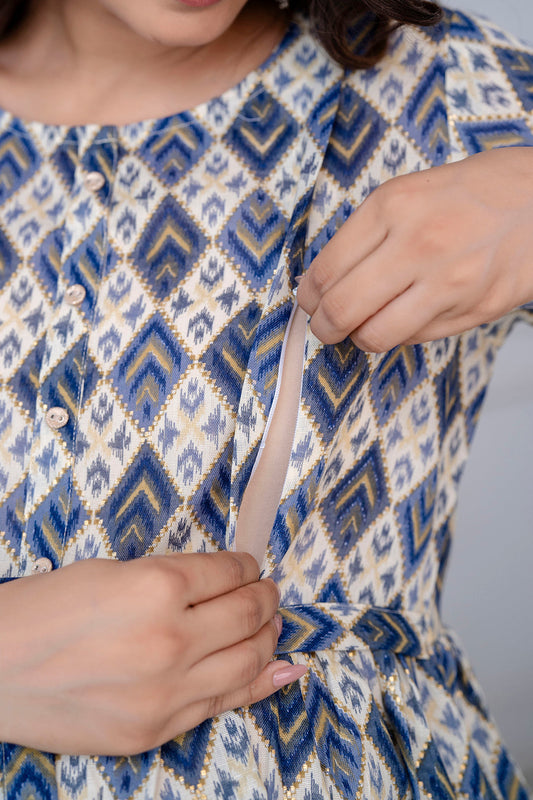 Fab Blue Printed Maternity Dress For Women | LASVINI - Redefining Indian Fashion with Elegance