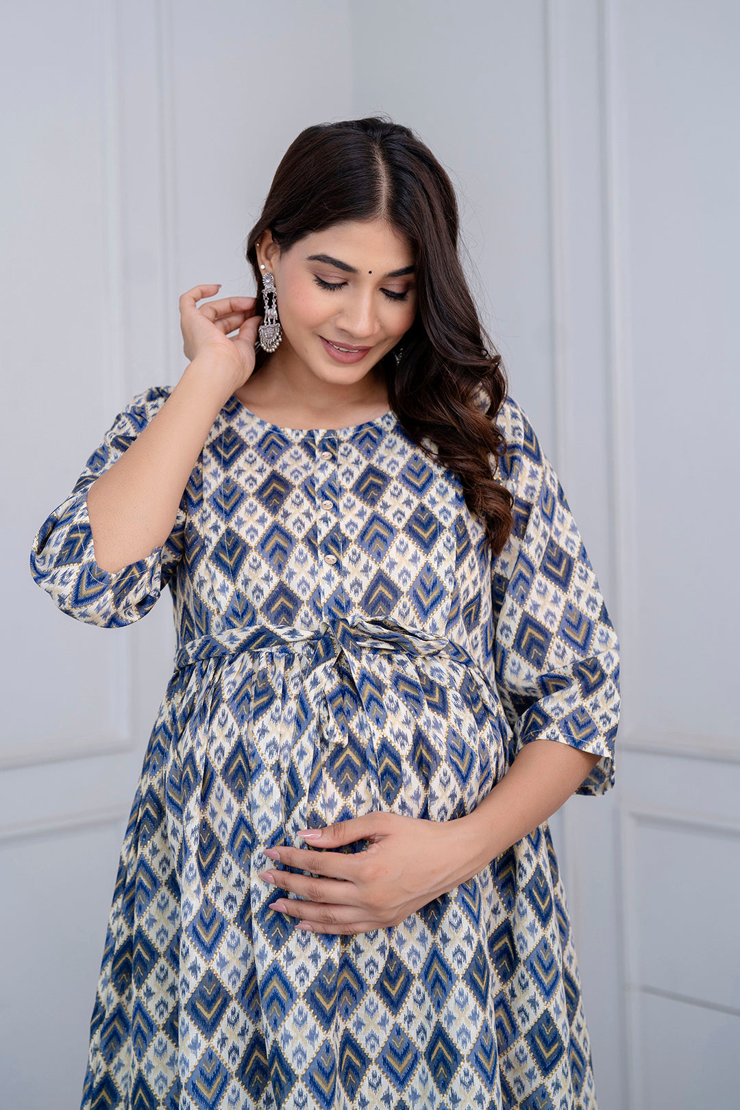 Fab Blue Printed Maternity Dress For Women | LASVINI - Redefining Indian Fashion with Elegance