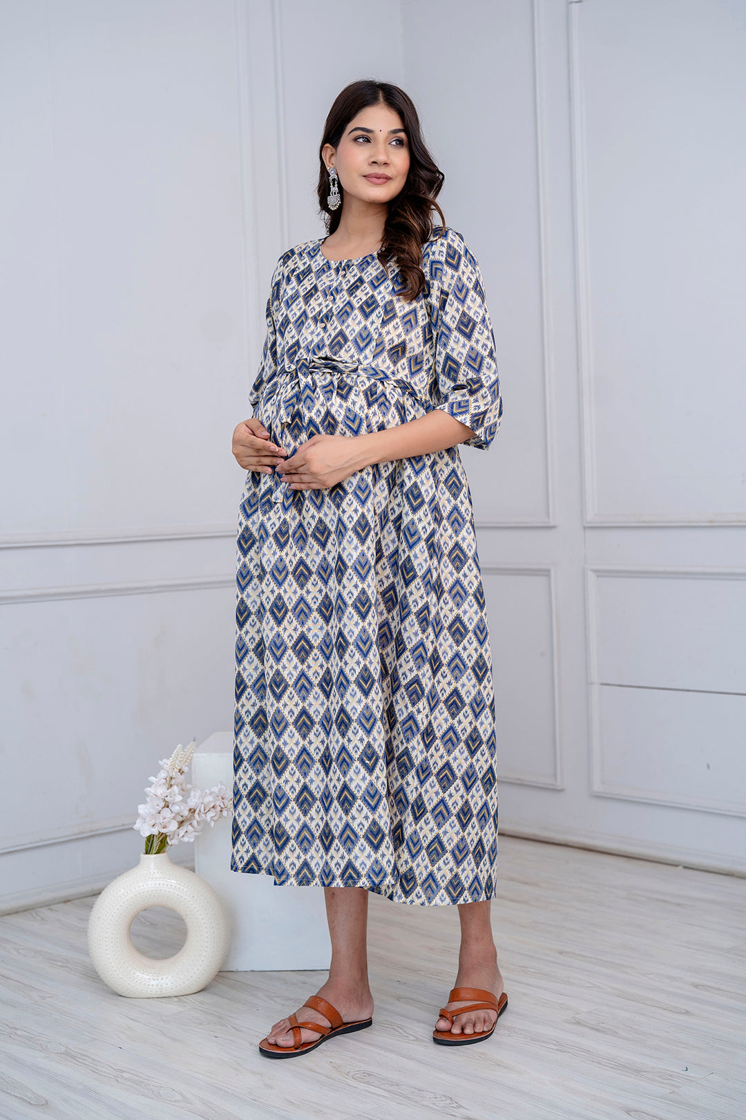 Fab Blue Printed Maternity Dress For Women | LASVINI - Redefining Indian Fashion with Elegance