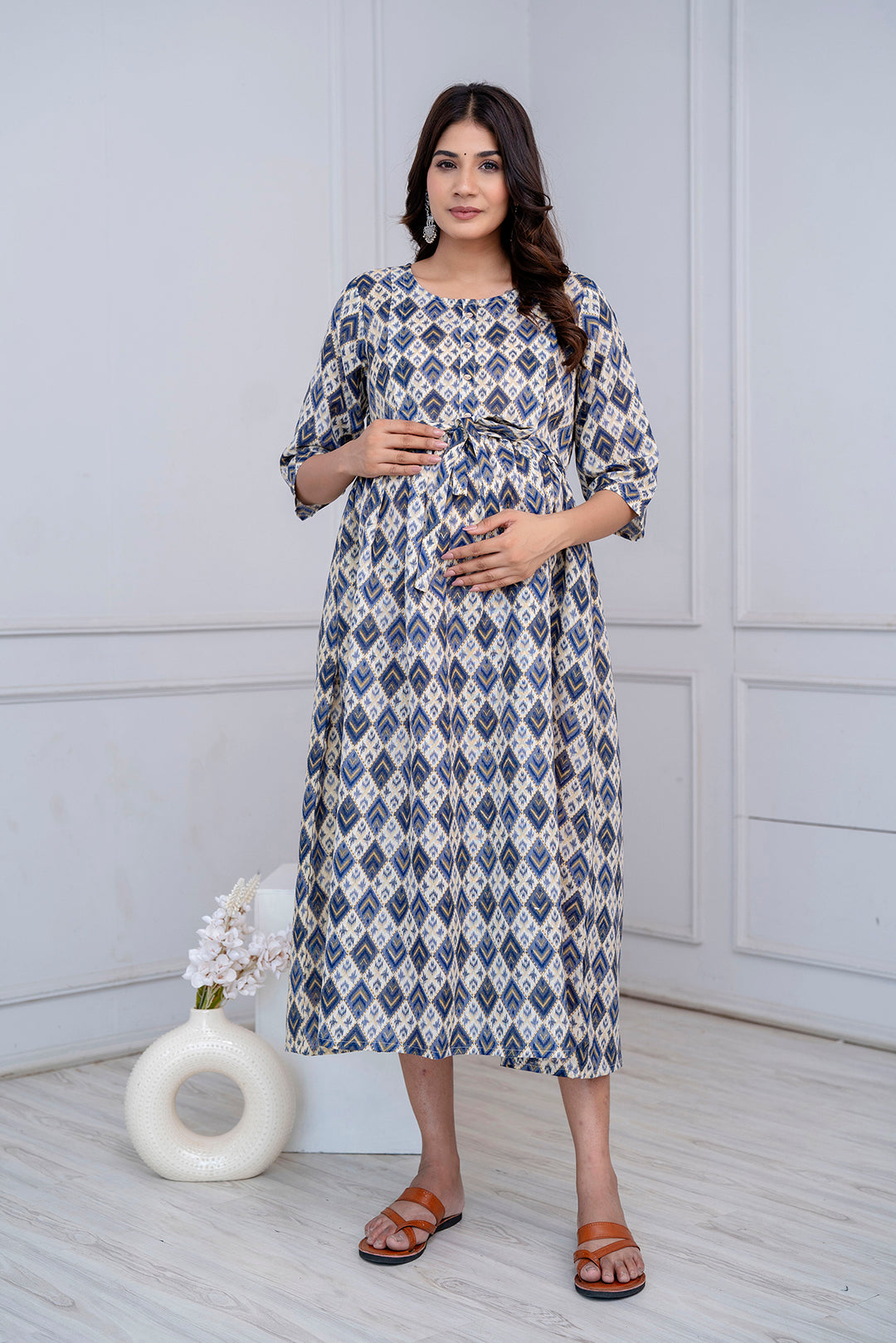 Fab Blue Printed Maternity Dress For Women | LASVINI - Redefining Indian Fashion with Elegance